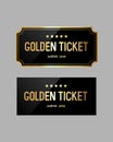 Two gold tickets in a gold frame. Golden ticket with stars and the inscription \